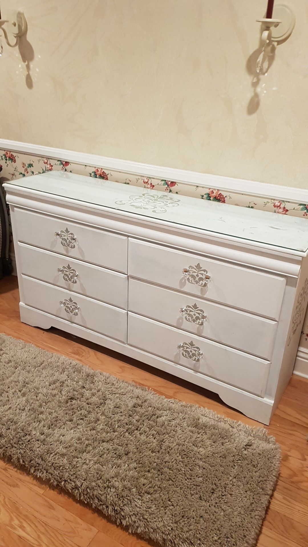 White Dresser Crystal Knobs and Top