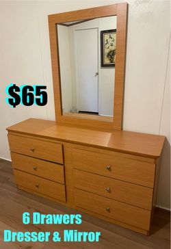 $65 Large Dresser 6 Drawers and large mirror 41” by 29” dresser size 58.5” by 29” tall and 17” deep