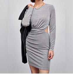 Bodycon Grey Ruched long sleeve dress cutout details