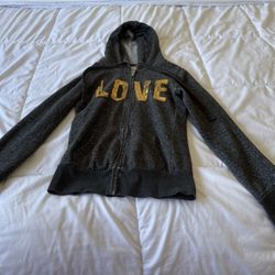 Women’s Charcoal Zip-Up Hoodie with Gold Sequin “LOVE” Graphic – Casual Glam Sweatshirt (S)