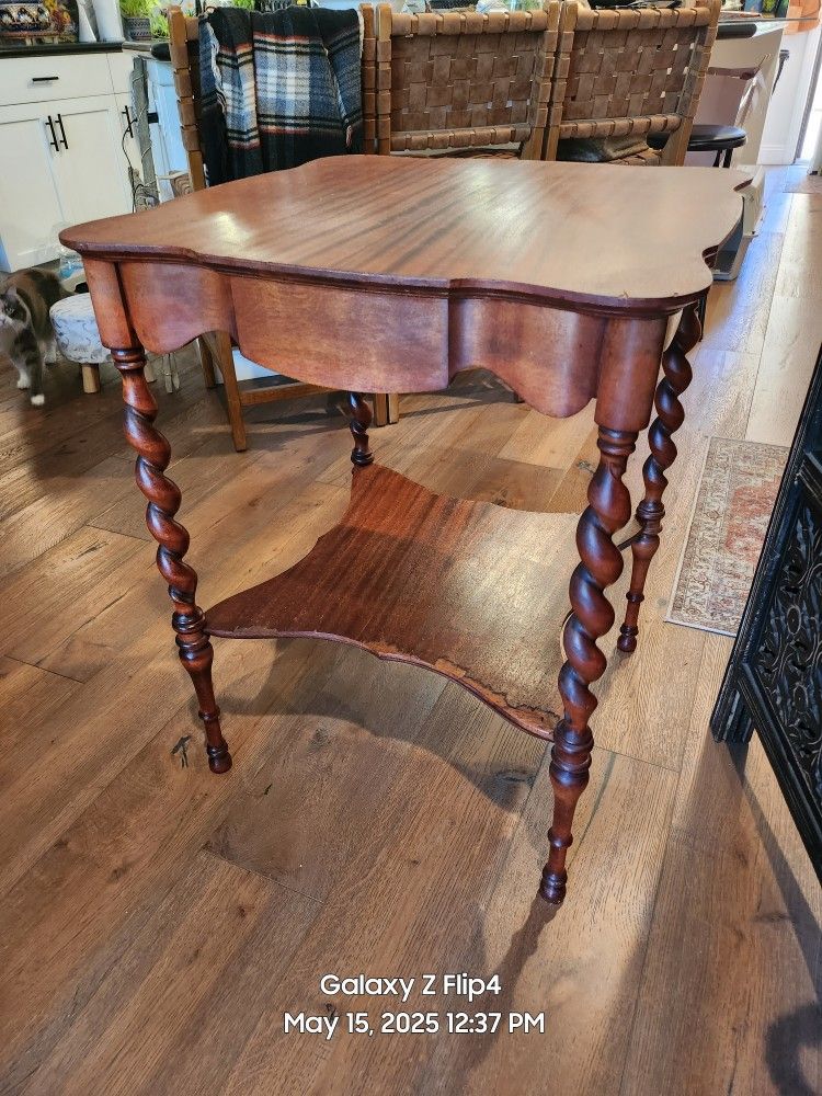 Antique English Barley Twist Table With Scalloped Glass Top