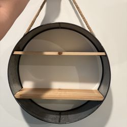 Farmhouse/ Galvanized Metal Round Hanging Rope Unit with Wood Shelves (17 x 17)