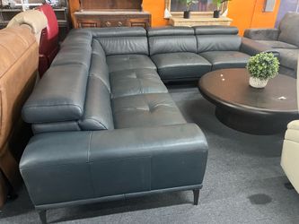 Abbyson Quinton Top Grain Leather Sectional with Adjustable Headrests, Blue，$850