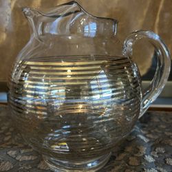 Vintage Anchor Hocking Glass  Gold Striped Ball Pitcher 
