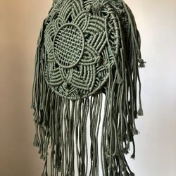 NEW macrame long handle drawstring purse,  bottle green 