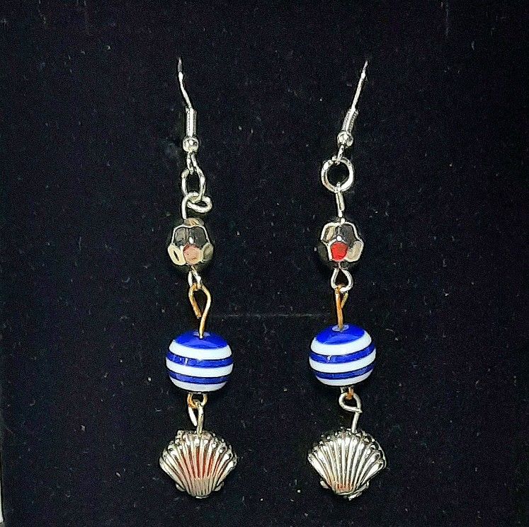 Silver Charm And Blue Striped Dangle/Drop Earrings