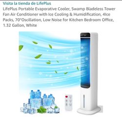 LifePlus Portable Evaporative Cooler, Swamp Bladeless Tower Fan Air Conditioner with Ice Cooling & Humidification, 4lce Packs, 70°Oscillation, Low Noi