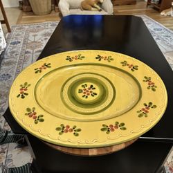 Williams-Sonoma 19" Large Oval Platter, Made in Italy, Pink Berries Floral Green, Raised Scrolls Dots, Gold Tuscan Yellow
