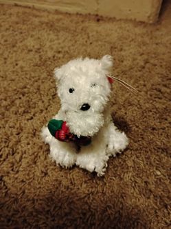 White Plush Dog Stuffed Animal with Christmas Wreath