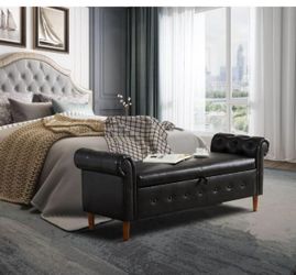 Modern Storage Rectangular Ottoman with Hinged Lid, Upholstered Foot Stool with Rolled Arm, Breathab