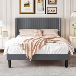 Queen Size Velvet Bed Frame with Vertical Channel Tufted Wingback Headboard, Upholstered Platform Bed with Wood Slats, No Box Spring Needed, Easy Asse