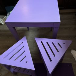 Painted Small Table, Two Stools, One Small Chair 