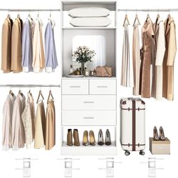 48" W - 96” W Closet Organizer, 8FT Walk in Closet Systems Starter Kit with 25” Tower and 3 Extendable Hanging Rods, Sturdy Wood Garment Rack with 4 D