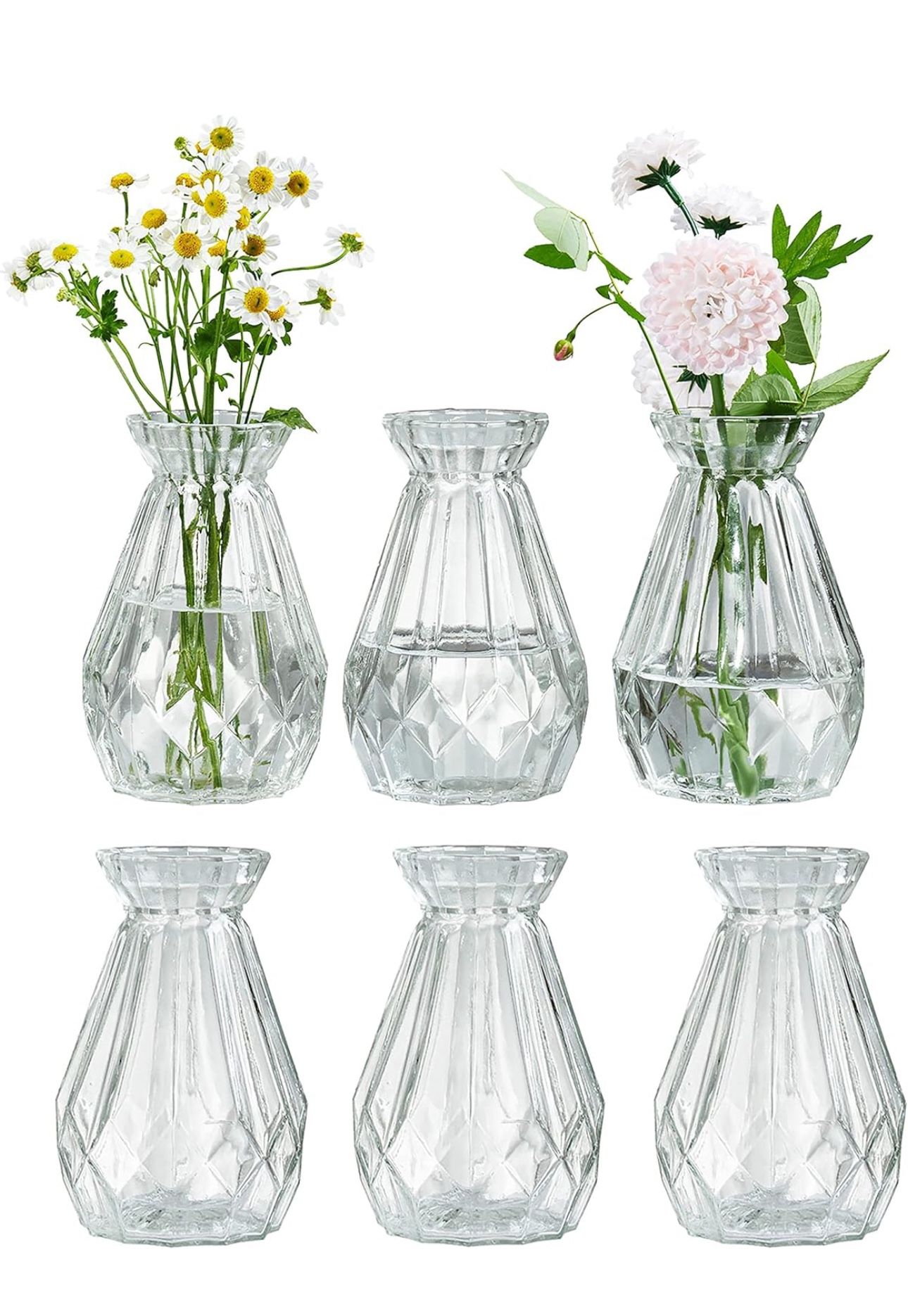 Small Glass Bud Vase, 5 Inch Decorative Flower Vases, Mini Vintage Style Centerpiece Vases with Diamond Faceted Design, Set of 6