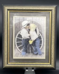 Country Boy Girl First Kiss Folk Photo Wall Picture Framed Art Print 14.5x17.5"