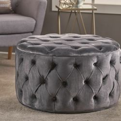 Big Round Gray Velvet Ottoman