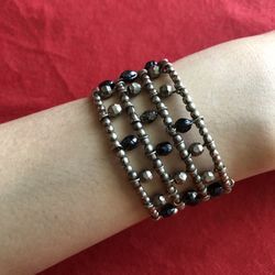 Multi Strand Tiny Silvertone w Black Faceted Bead  Wrap Bracelet 