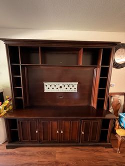 Dark Wood Entertainment Center with Shelving