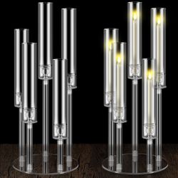 Dandat 2 Pack 5 Arms Acrylic Candelabra Candle Holder Clear Candelabra Centerpieces For Wedding, Crystal Candlesticks Pillar Taper Candlesticks For Li
