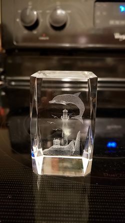 Crystal Laser Etched Dolphin/Lighthouse Paperweight