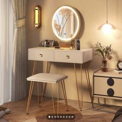White Gold Makeup Vanity Table with Lighted Mirror, Vanity Desk with 2 Large Drawers, Adjustable 3 Lighting Modes