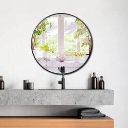 24 inch Round Wall Mirror Modern Black Frame Bathroom Circle Mirror