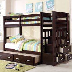 Brand New Elegant Espresso Wood Storage Bunk Bed  