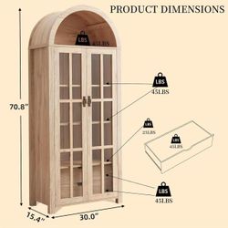 🥨71" Tall Arched Kitchen Pantry Storage Cabinet with Glass Doors, 5 Tier Modern Bookshelf with 2 Drawers, Wooden Storage Cabinet with Doors 