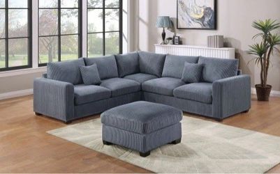 ✅️✅️ 4pc  for grey corduroy fabric upholstered sectional sofa with ottoman ✅️✅️