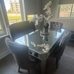 Glass Mirror Table With Bench And 3 Chairs 