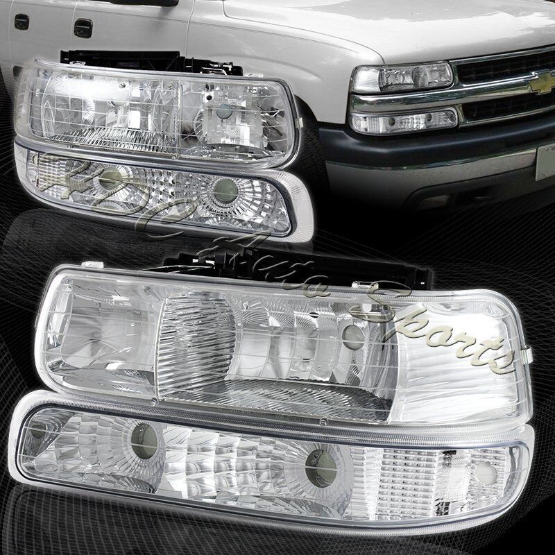 For 1999-2002 Chevy Silverado 2 Piece Chrome Housing Headlights + Bumper Lamps -(4-HL-SILV9902CC-0