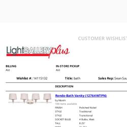 Vanity lights (x2)  - New polished nickel With Linen Shades