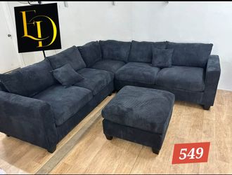 Black Corduroy Sectional Sofa with Ottoman