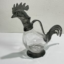 Vintage Etain 95% ~ Rooster Pewter & Glass Decanter Pitcher ~ Made in Italy