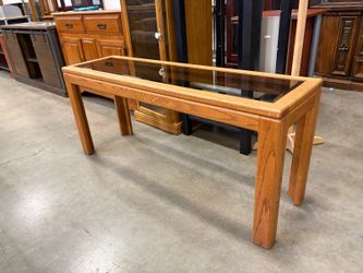 Vintage Wooden Entry Console Table with Smokey Glass Top