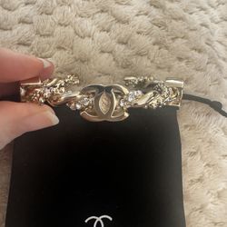 Chanel Triple CC Bracelet Bangle Cuff Gold Silver Tone Rhinestones Authentic Stamped Heavy  