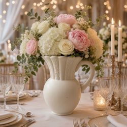 White Ceramic Pitcher with Embossed Detail