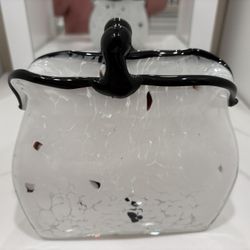 Murano style Hand Blown Art Glass White Purse sculpture And Black Clasp