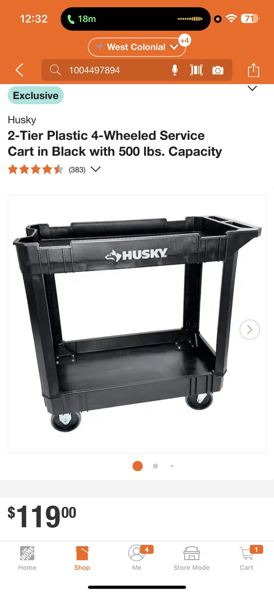 Husky 2-Tier Plastic 4-Wheeled Service Cart in Black with 500 Ibs. Capacity