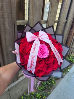 Red Rose Bouquet with Birthday Ribbon