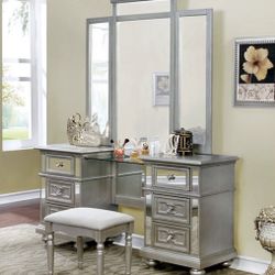 Silver Mirrored Vanity Table Set W/ Stool Brand New In Box 