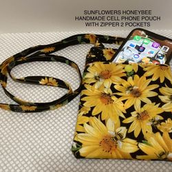 SUNFLOWERS HONEYBEE HANDMADE CELL PHONE POUCH WITH 2 POCKETS & ZIP