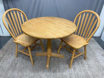 APPLE FURNITURE Natural Finish Drop Leaf Pedestal Table w/ 2 Windsor Chairs