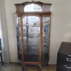 Antique Oak Curved Glass China Cabinet
