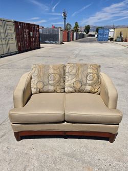 Beige Fabric Loveseat with Wood Base