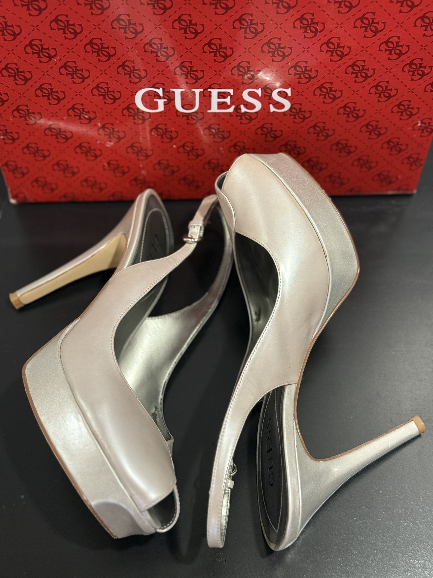 GUESS Silver Leather Platform Heels $45 obo