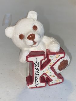 damaged 3” personalized Ceramic Teddy Bear Figurine keepsake Name Kimberly damaged