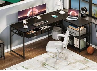 61 Inch L Shaped Computer Desk with Drawers, Corner Desk with Power Outlets & Reversible Storage