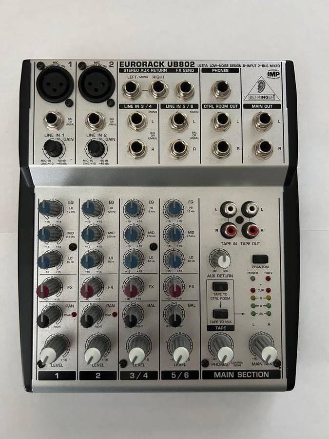BEHRINGER EURORACK UB802 Ultra-Low Noise 8 Input 2 Bus Mixer w/Power Supply & Manual