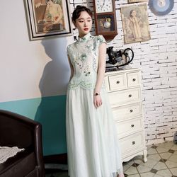 Xl size green young cheongsam dress improved version of gauze standing collar slimming fake two dresses 2024 summer new style, Tingting, graceful and 